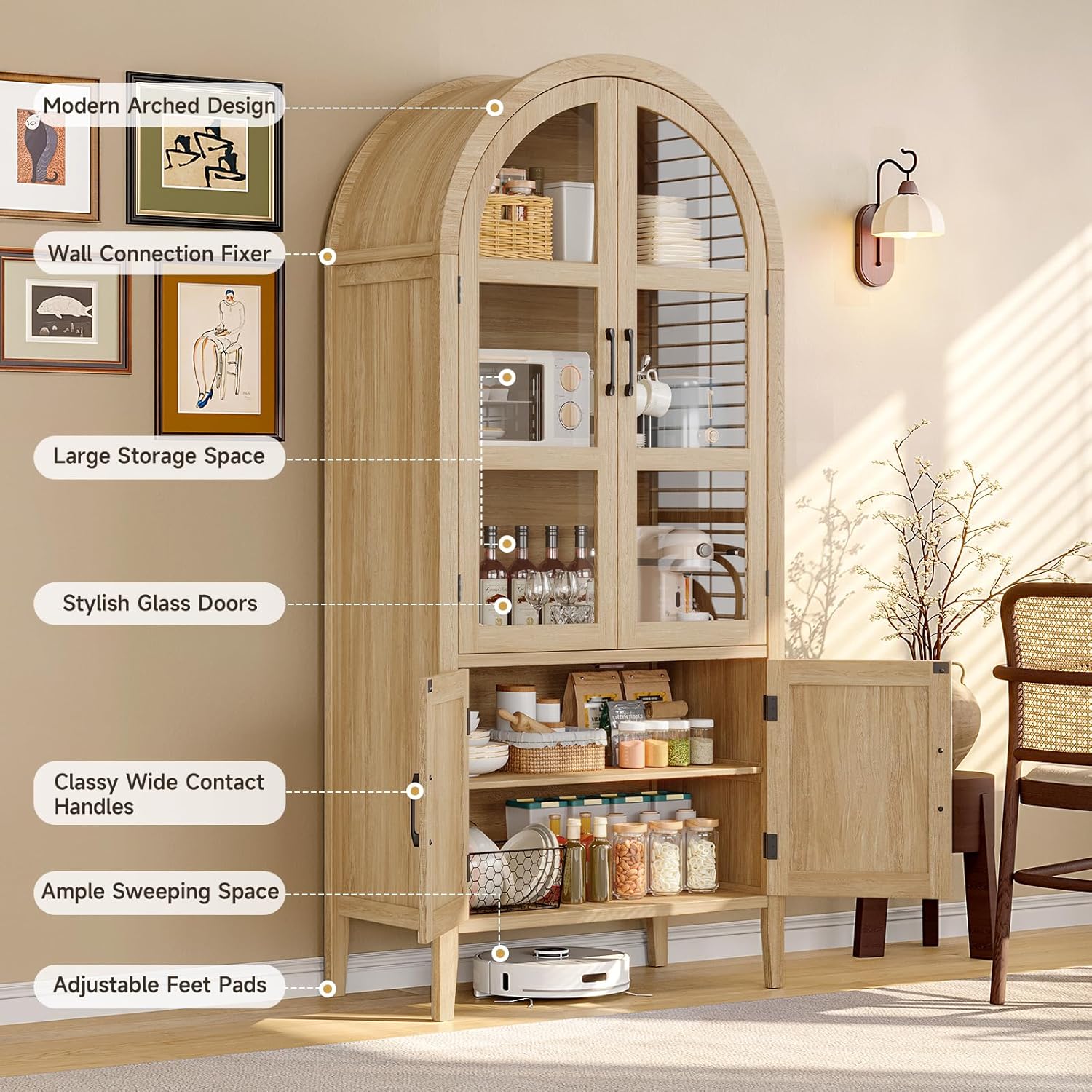 ONBRILL 71" Tall Arched Cabinet, 5-Tier Arched Kitchen Pantry with Glass Doors & Shelves, Modern Display Storage Cabinets with Adjustable Feet, Wooden Pantry Cabinet for Living Room, Dining Room