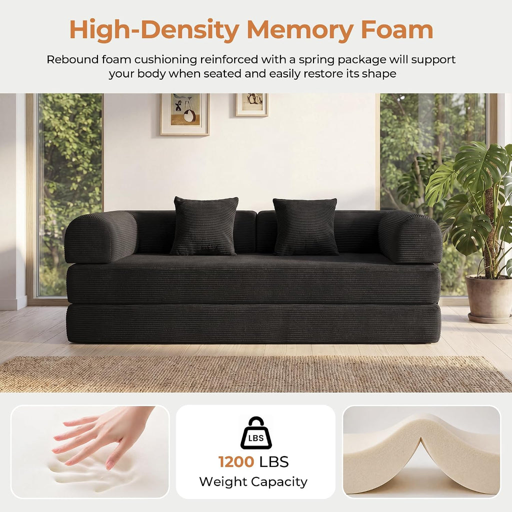 79'' Convertible Sofa Bed, 5-in-1 Folding Boneless Couch, Pull Out Floor Sleeper, Modular Lounge Sofa for Living Room Bedroom, Multi-Function Foldable Sofa (Black)