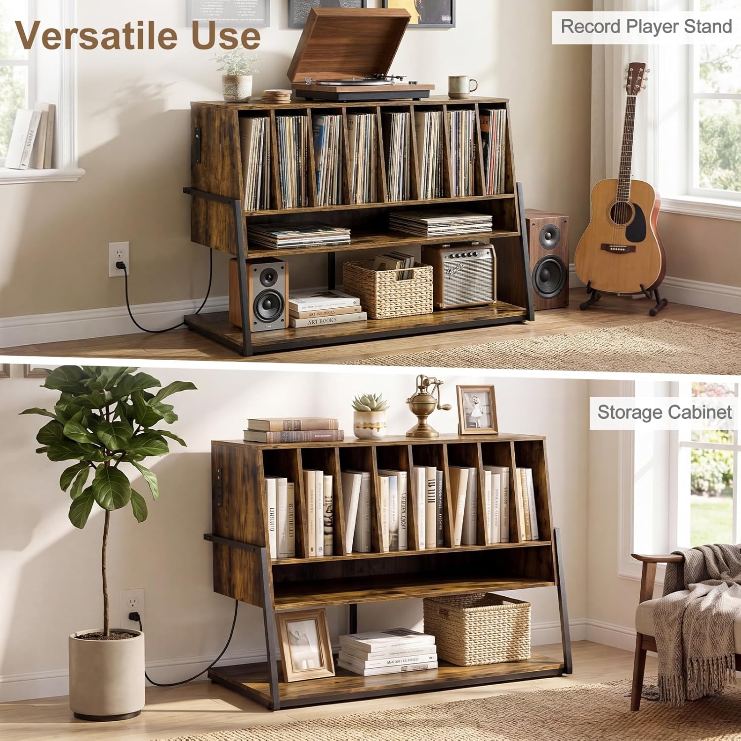 Giantex Large Record Player Stand with Charging Station, Turntable Stand with Storage Shelves & Wheels, Record Storage Table with Adjustable Foot Pads for Living Room, Music Room (Rustic Brown)