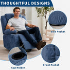 Rocking Recliner Chair for Adults Wide 360° Swivel Rocker Recliner with Cup Holder Nursery Glider with Upholstered Deep Seat Corduroy Comfy Single Sofa for Living Room Blue