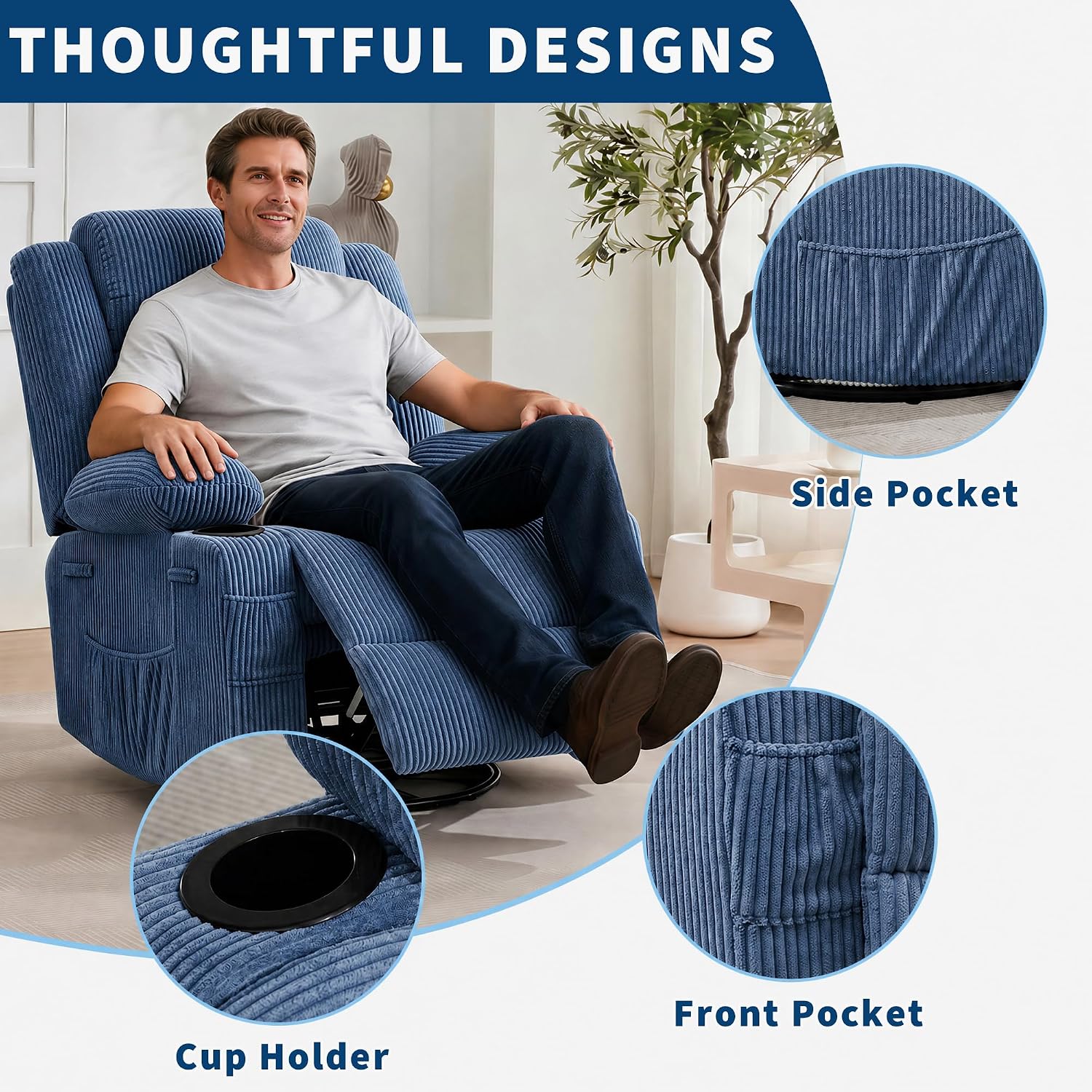 Rocking Recliner Chair for Adults Wide 360° Swivel Rocker Recliner with Cup Holder Nursery Glider with Upholstered Deep Seat Corduroy Comfy Single Sofa for Living Room Blue