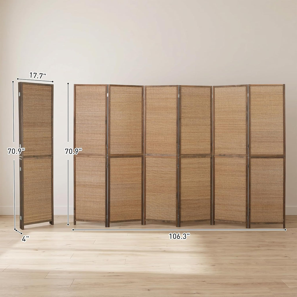HOMCOM Room Divider, 6 FT Tall Folding Privacy Screen, 6 Panel Hand-Woven Bamboo Wall Partition for Room Separation, Portable Boho Freestanding Wall Divider for Bedroom, Home Office, Brown