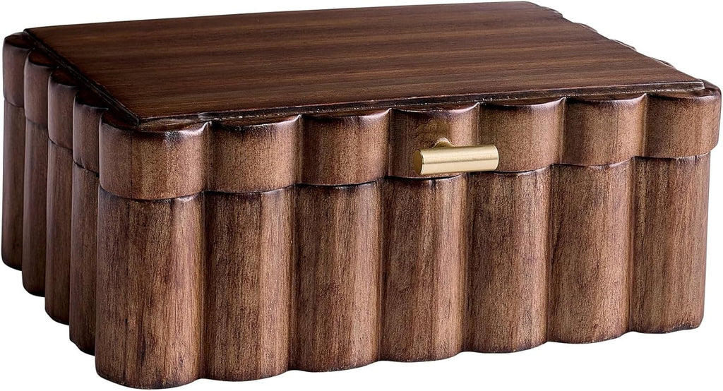 10" x 7.25" x 3.88" Scalloped Wooden Box, Natural Wood Decorative Storage Box with Gold Metal Handle for Jewelry or Home Organizer