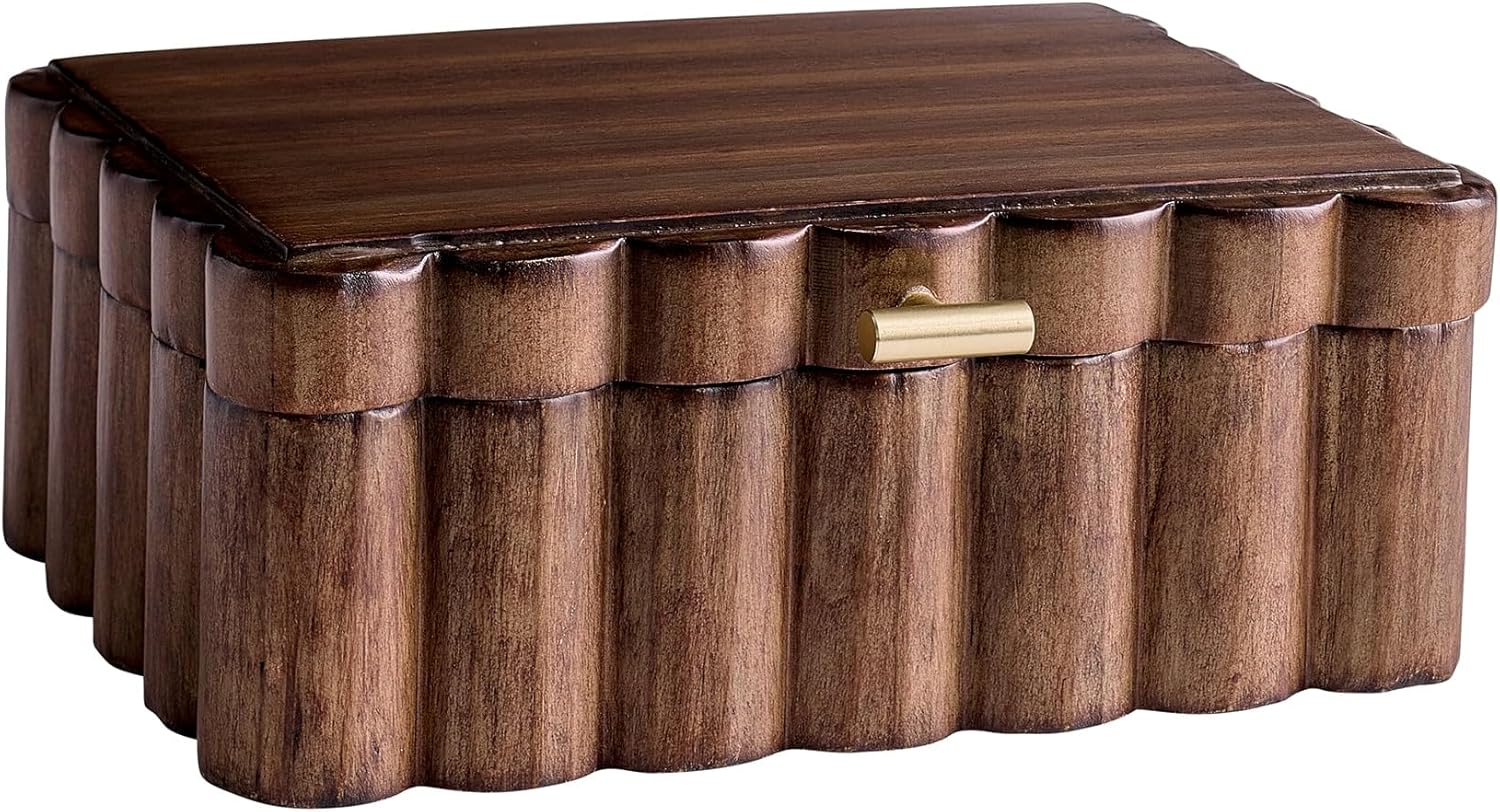 10" x 7.25" x 3.88" Scalloped Wooden Box, Natural Wood Decorative Storage Box with Gold Metal Handle for Jewelry or Home Organizer