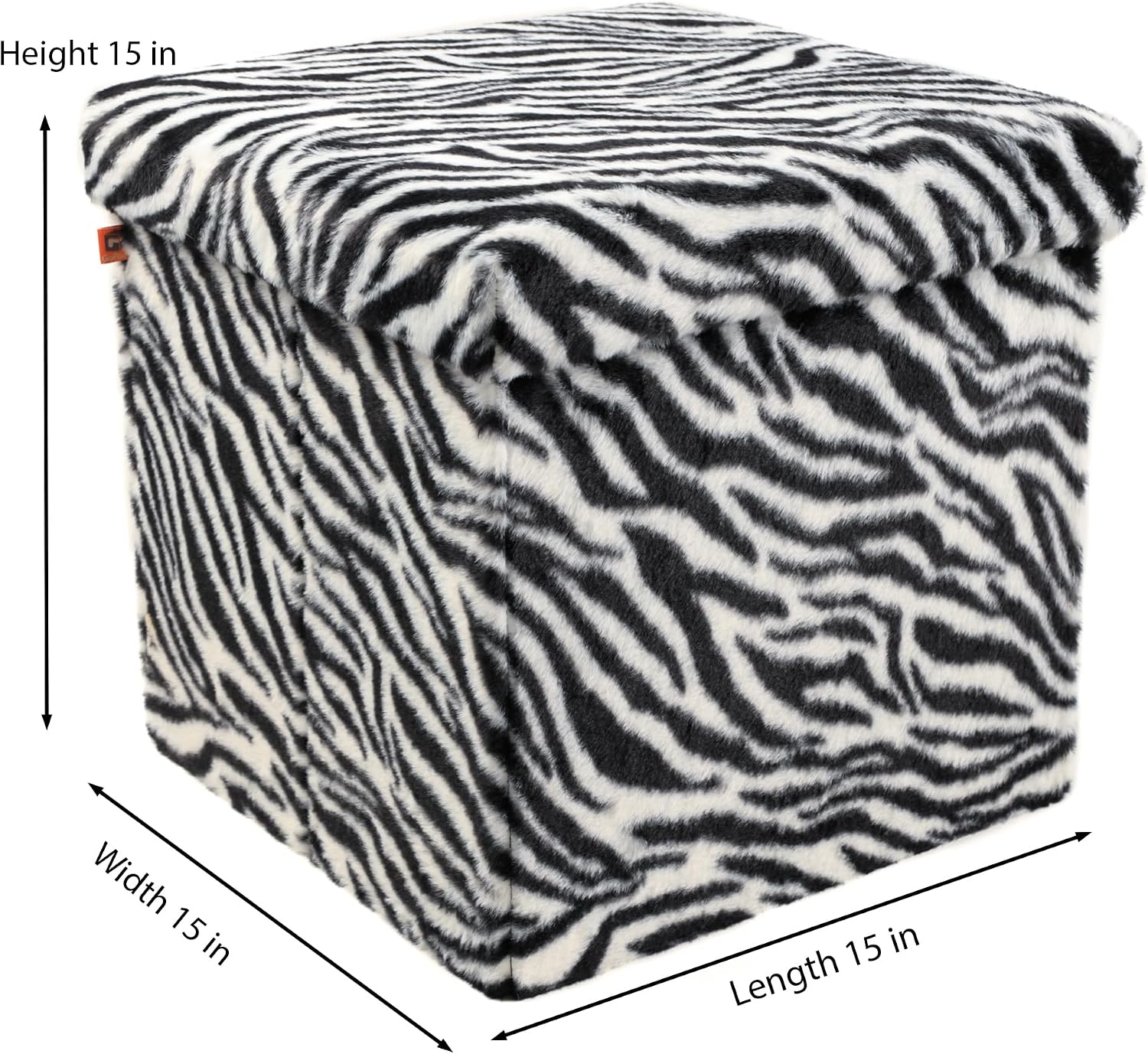 Luxe L 100% Faux Fur Go-Poufs Knock-Down Medium Cube Storage Ottoman, 15"x15"x15", Zebra Black/White, Sleek Seating, Footrest Organizer For Living Room Bedroom Nursery, Easy Setup Modern Compact Piece