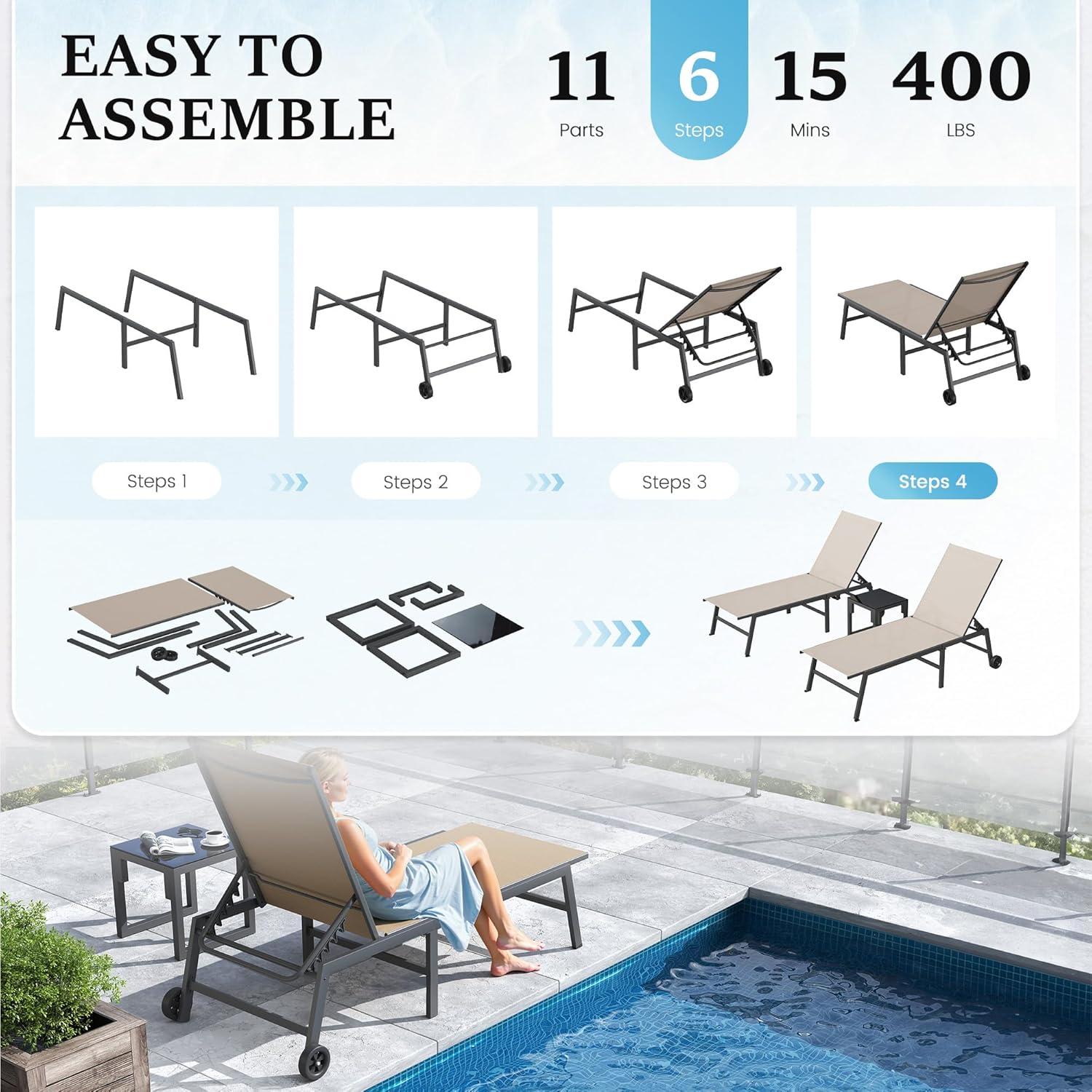 UDPATIO 3 Piece Outdoor Lounge Chair Set 2 Adjustable Textilene Chaise Lounges with Wheels & Side Table 5-Position Reclining Rust Free Patio Chairs for Poolside Backyard Garden Deck Beach