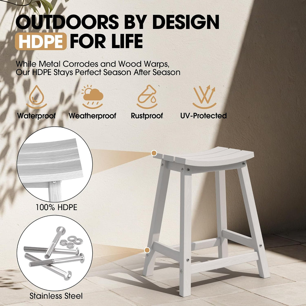 Ciokea 2 Set 24" Outdoor Bar Stools Heavy Duty HDPE Counter Height Bar Stools Weatherproof Patio Seats Modern Waterproof BarStools for Bar Deck Balcony Kitchen Counter Yard, White