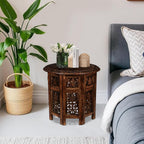 Round Wood Coffee Table - 18” Carved Small Accent Side Table with Burnt Finish, Wooden Altar Table, 18” Round Top x 18” Height, Perfect End Table for Living Room Decor