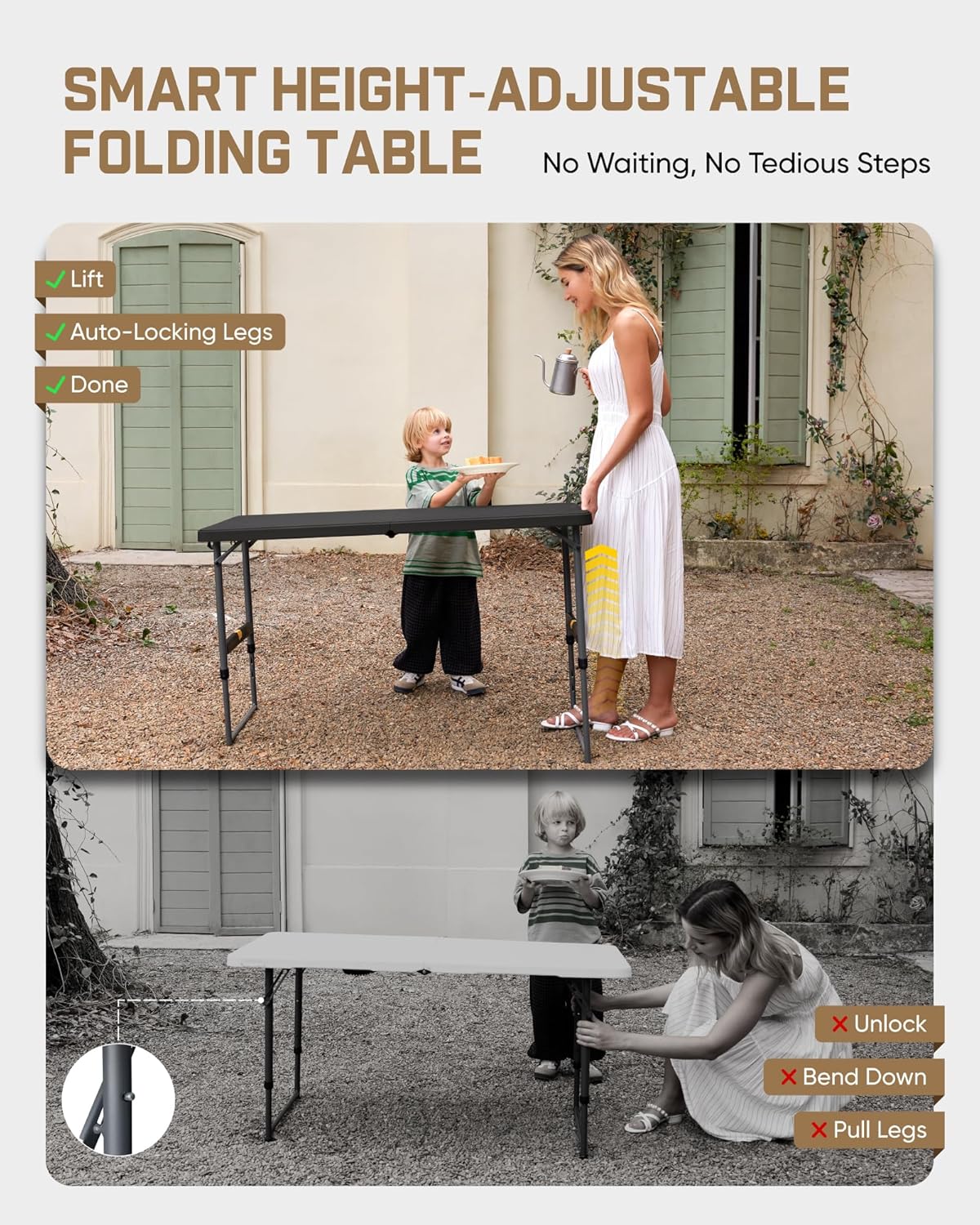 FanttikOutdoor Folding Table 4 Foot, Effortless Quick Adjustable Height Foldable Small Card Table, Fixing Lock, Stable for Party Dining Events Picnic Indoor Outdoor Camping, 2-Pack, Zeta X4 Pro Black