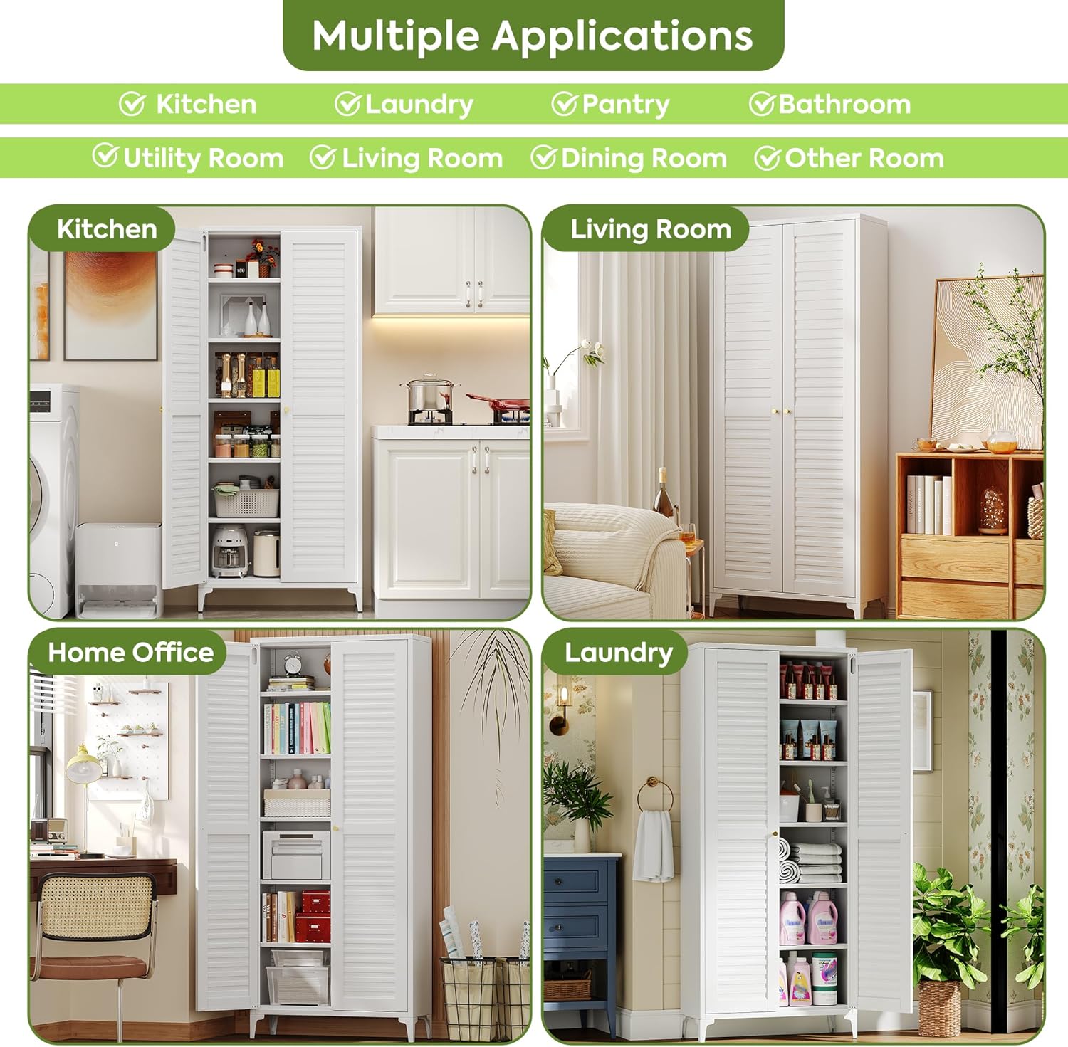 74" H Tall Kitchen Pantry Cabinet with Louvered Doors, Metal Storage Cabinet with 5 Adjustable Shelves, Large Cupboard for Dining Room, Kitchen, Living Room, White, Assembly Required