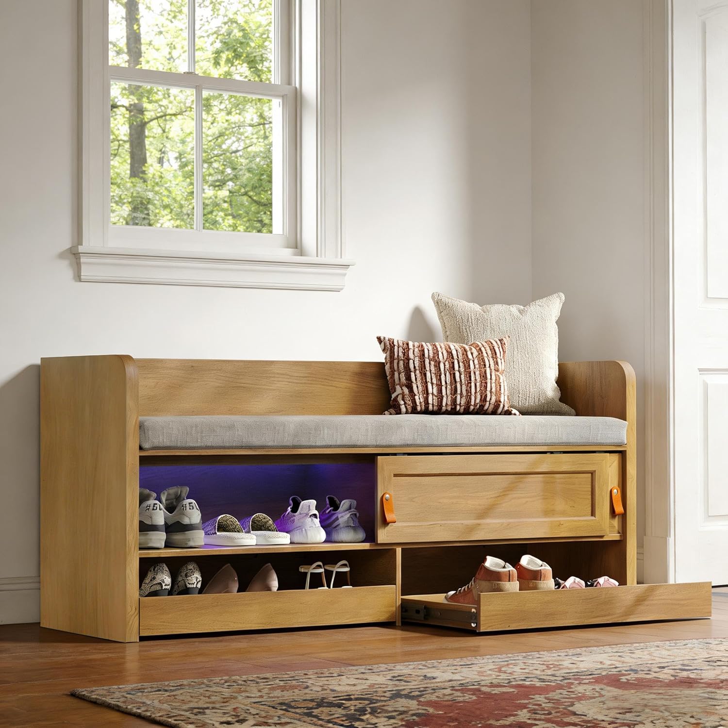 STO'SENSE Premium Entryway Bench with Storage & Invisible UV Shoe Care Modern Oak Mudroom Bench with Hidden Sliding Doors & Pop-Out Drawers Upholstered Seating, 47" (Oak)
