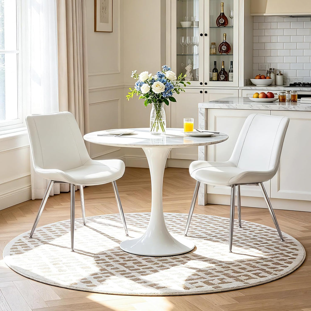 Vogue Furniture Direct Modern Dining Chairs Set of 2 - PU Leather Upholstered Armless Side Chairs with Metal Legs, Accent Chairs for Dining Room, Kitchen, Living Room (White, Silver Legs)