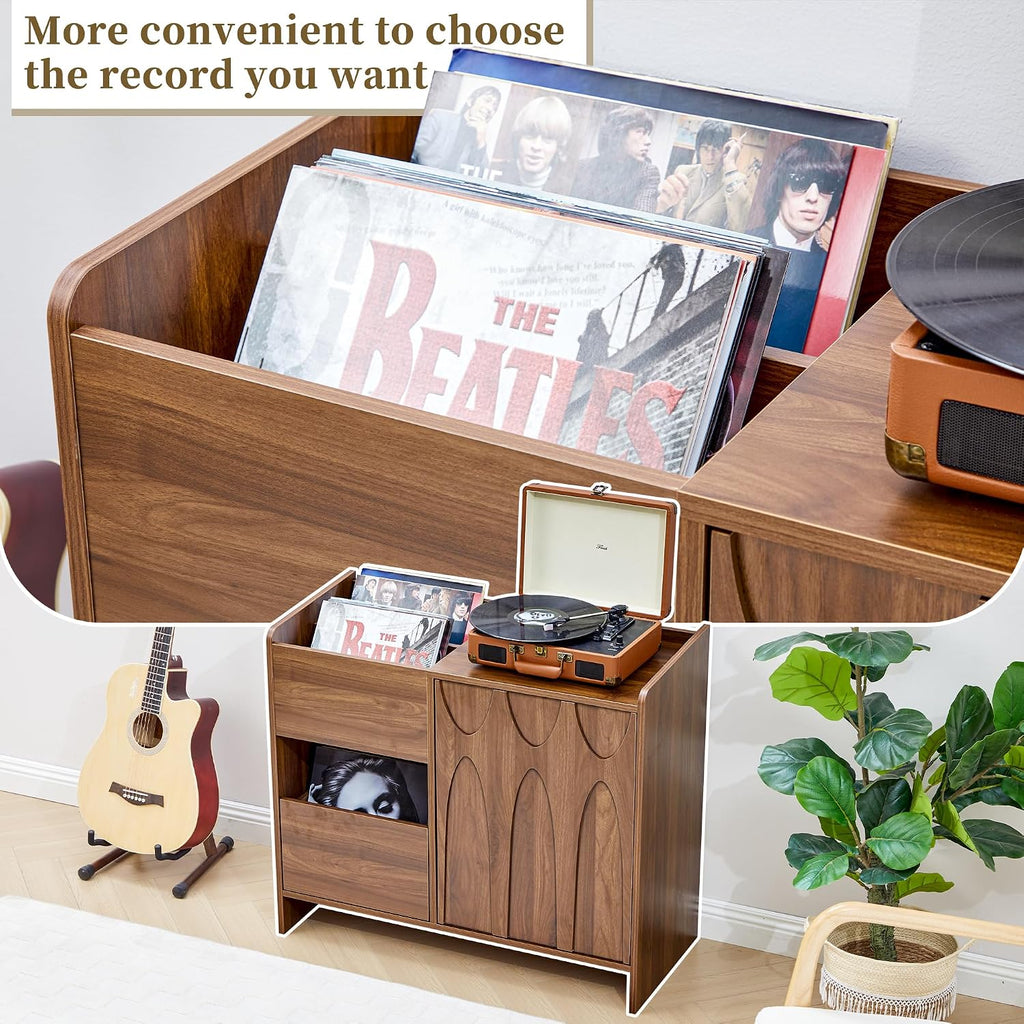 Bifins Record Player Stand with Drawer and Door, Mid Century Modern Turntable Cabinet with Vinyl Storage, Wood Record Player Table for Living Room & Music Room (Walnut)