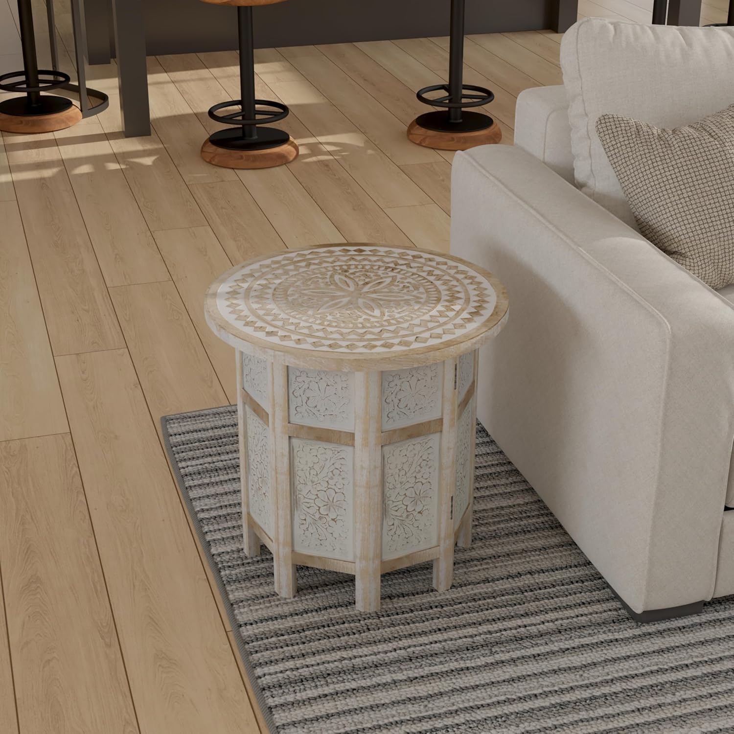 Benzara Accent Side Table, 18 Inch Round Mango Wood Top, Hand Carved Mandala Design, Natural Brown Finish, Rustic Accent End Table for Living Room, Bedroom, Entryway and Home Decor Display