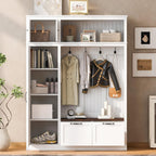 VilroCaz Versatile Wide Hall Tree with Storage Cabinet, Adjustable Side Shelves, Doors and 4 Hooks, Brown Wood Grain Shoe Bench with 2 Drawers, Entryway Coat Rack for Living Room Hallway (White-3.19)