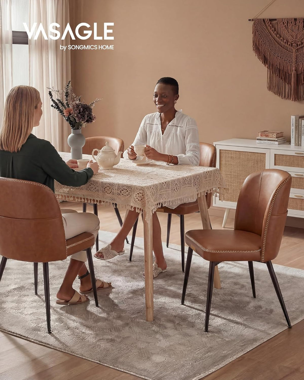 VASAGLE EKHO Collection - Dining Chairs Set of 2, Upholstered Kitchen Chairs, Comfortable Seat, Synthetic Leather with Stitching, Mid-Century Modern, with Storage Pocket, Caramel Brown UKDC190KN01