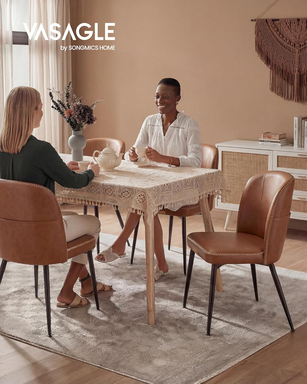 VASAGLE EKHO Collection - Dining Chairs Set of 2, Upholstered Kitchen Chairs, Comfortable Seat, Synthetic Leather with Stitching, Mid-Century Modern, with Storage Pocket, Caramel Brown UKDC190KN01