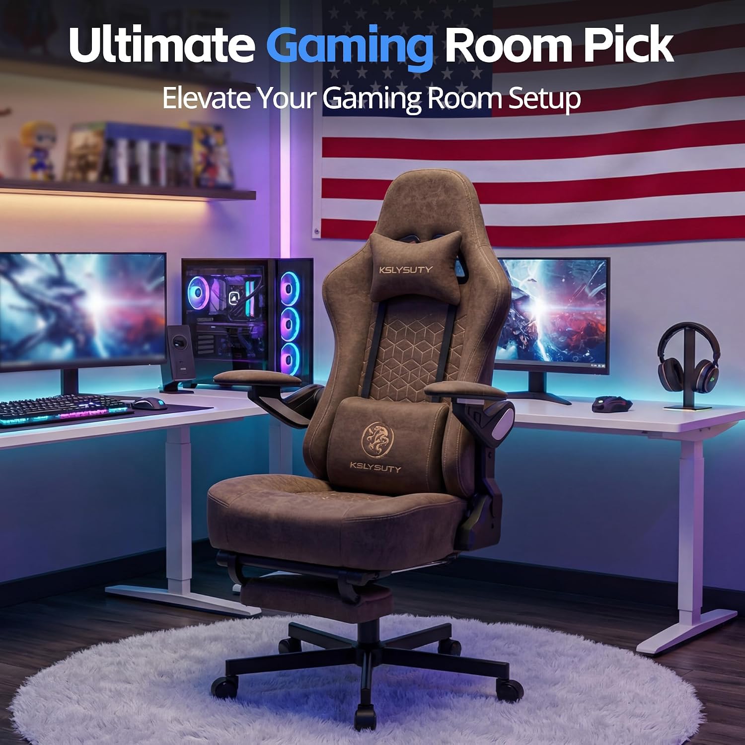 Ergonomic Gaming Chair for Adults - Big and Tall Desk Chair with Lumbar Support and Mechanical Arm Armrests, Comfortable Gamer Computer Chair, Gaming Chairs with Footrest (Brown Leather)