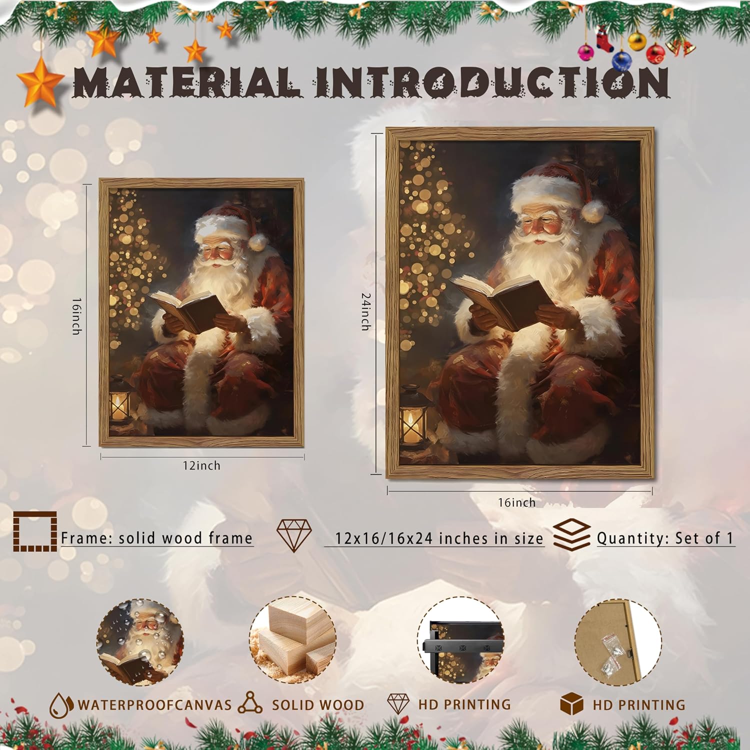 Framed Santa Christmas Wall Art, Vintage Santa Claus Reading Canvas Paintings, Christmas Print, Rustic Winter Holidays Decor, Farmhouse Christmas Pictures Wall Decor – 12x16in