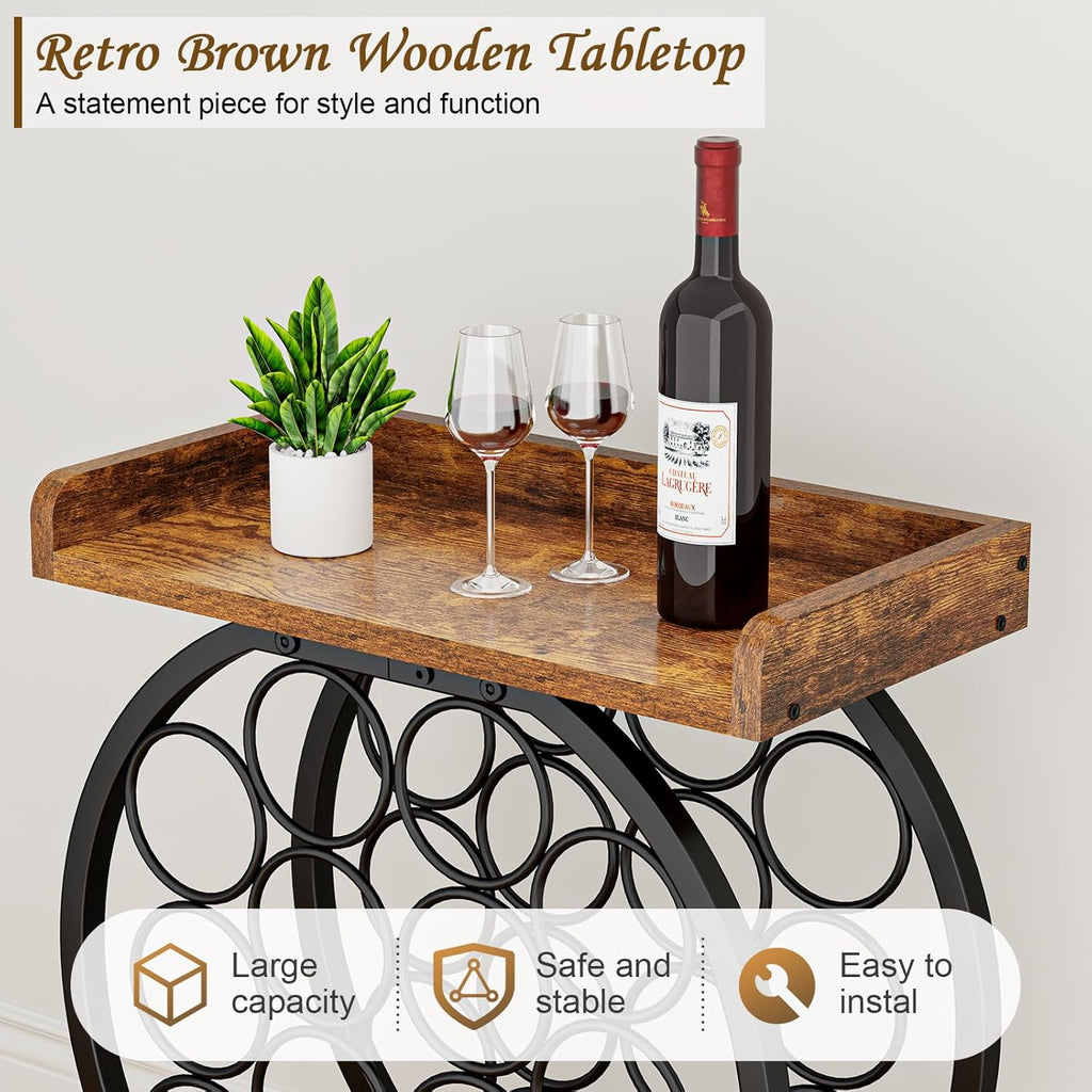 X-cosrack 14-Bottle Countertop Wine Rack with Wooden Tabletop, Freestanding Round Metal Wine Bottle Organizer and Display Stand for Kitchen, Pantry, Home Bar and Cabinet