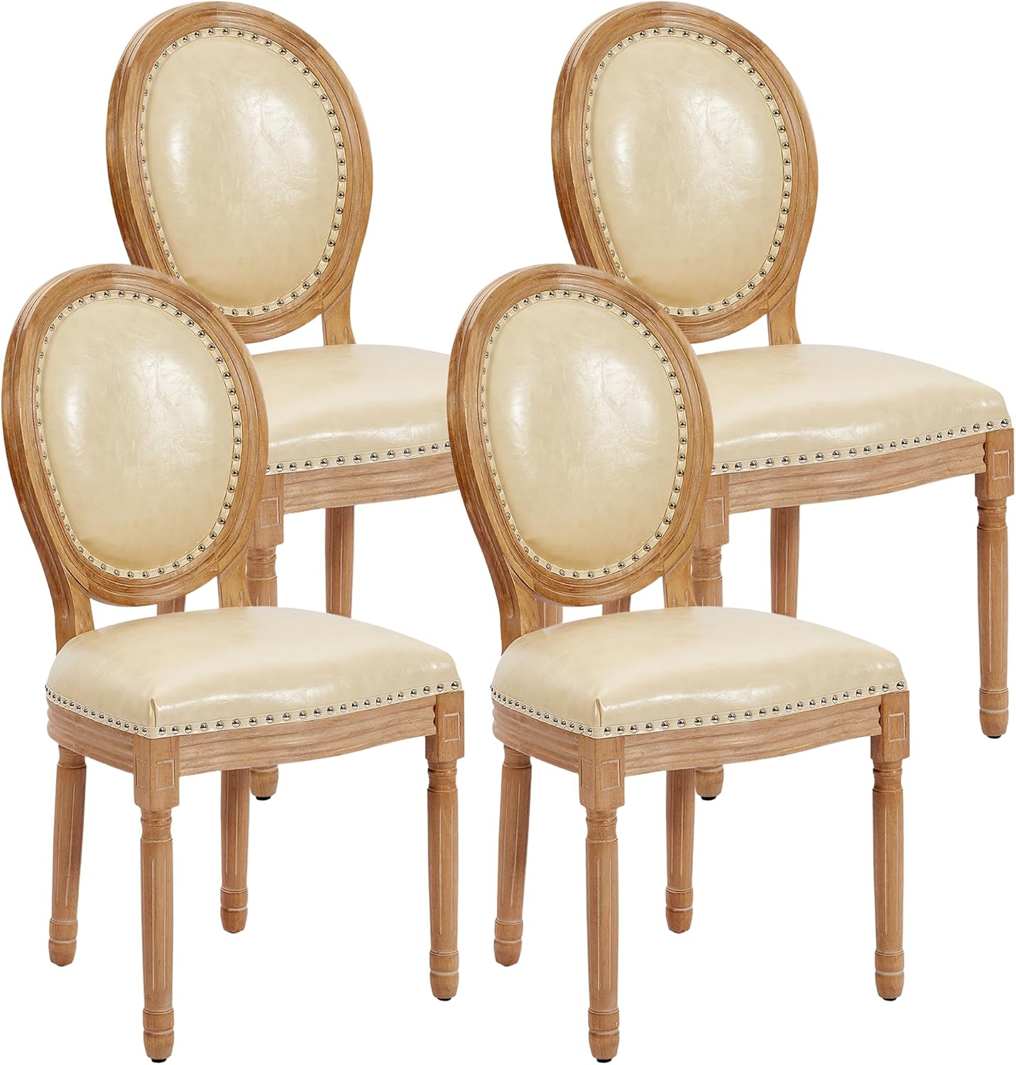 Leather Dining Chairs Set of 4 French Country Dining Chairs with Round Back, Farmhouse Upholstered Dining Accent Chairs with Nailhead Trim, Mid Century Modern (Beige)