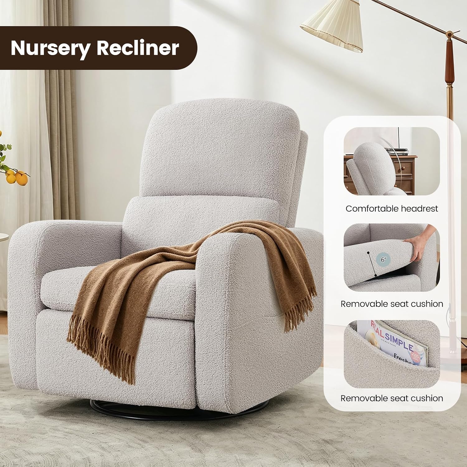 Power Swivel Rocker Recliner, Swivel Glider Nurseryc Recliner Chair with Lumbar Support, Upholstered Rocking Recling Chairs for Adults Nursery, Living Room, Bedroom, Teddy Grey