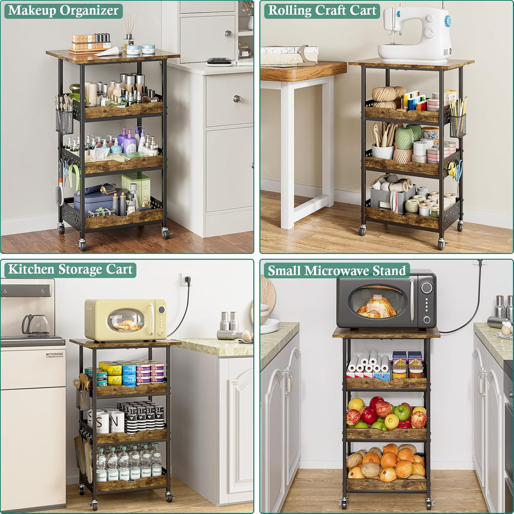 XYZLVSI Rolling Kitchen Microwave Cart, 4 Tier Microwave Table Stand with Fruit Baskets, Kitchen Storage Rack on Wheels, Small Coffee Bar Station Shelf Organizer for Pantry, Living Room Office