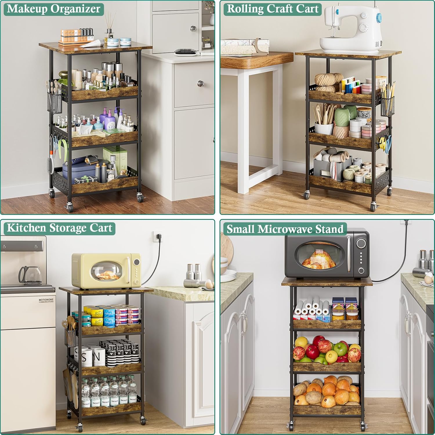 XYZLVSI Rolling Kitchen Microwave Cart, 4 Tier Microwave Table Stand with Fruit Baskets, Kitchen Storage Rack on Wheels, Small Coffee Bar Station Shelf Organizer for Pantry, Living Room Office