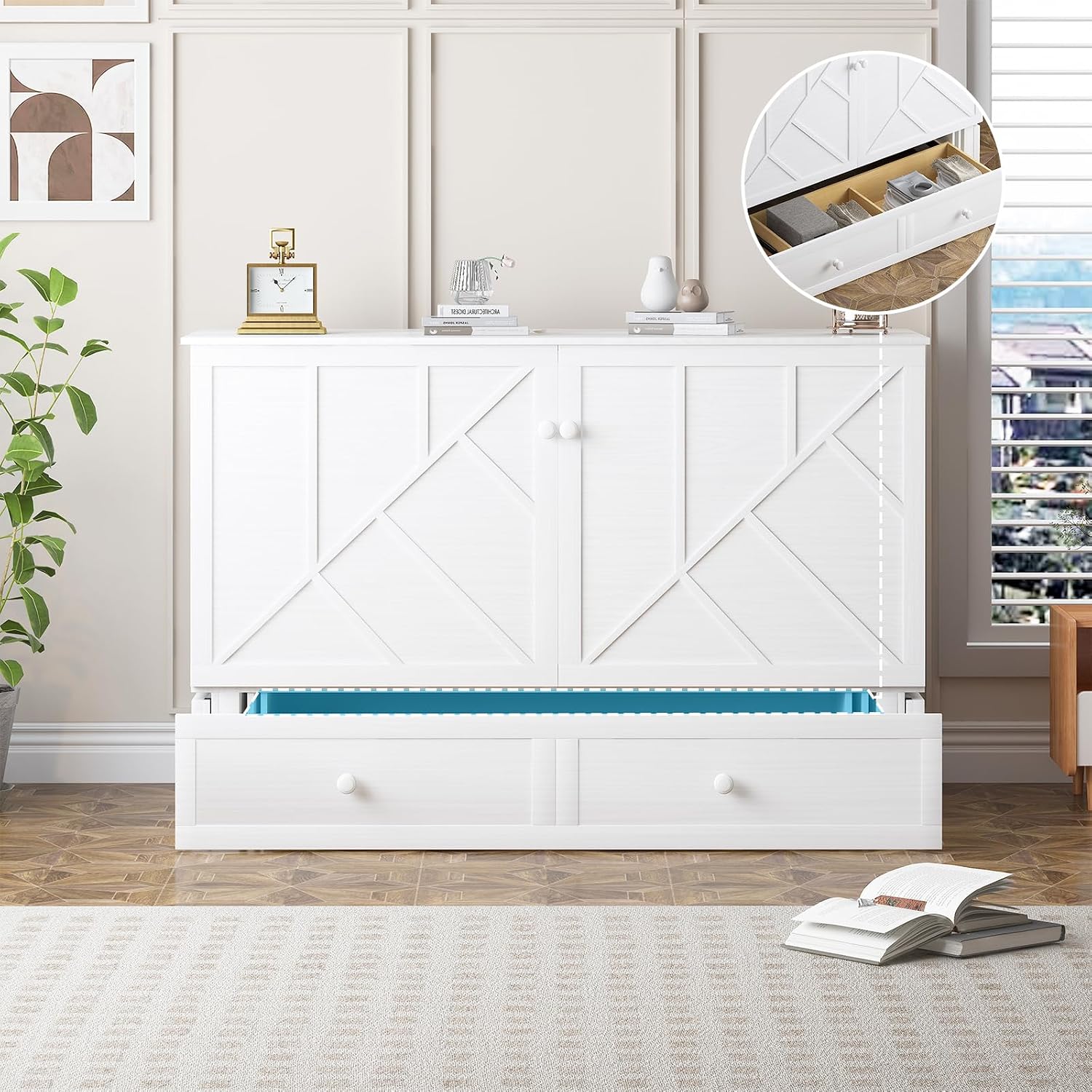 Mjkone Murphy Cabinet Bed Queen Size, White(No Mattress) | Storage Drawers, USB Charging Station,Wall Hideaway Guest Chest Cabinet Bed for Living Room Bedroom Home Office