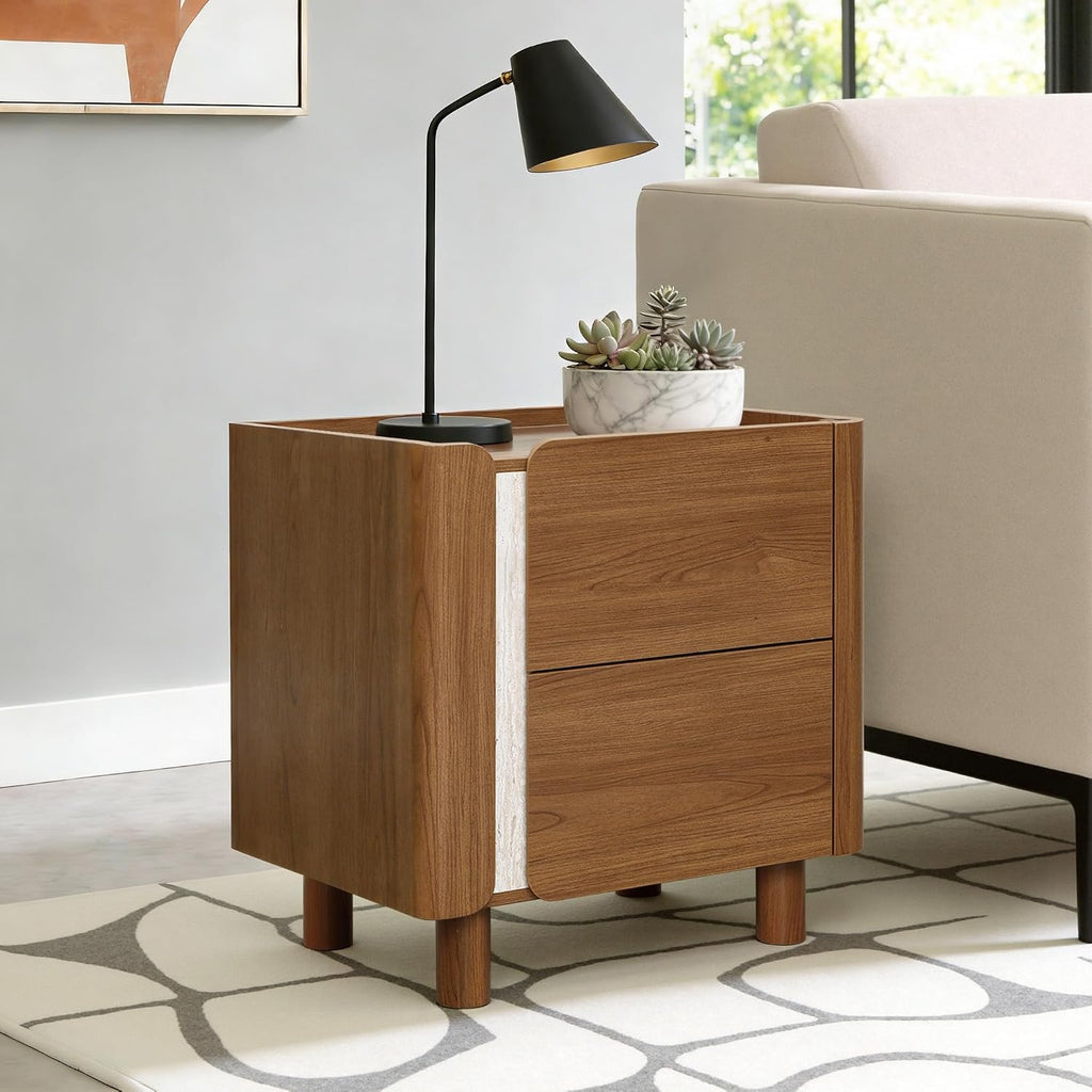 LuxenHome 21.6" Brown Nightstand with 2 Drawers, Mid Century Modern Night Stand for Bedroom, Wooden Bedside Table for Living Room