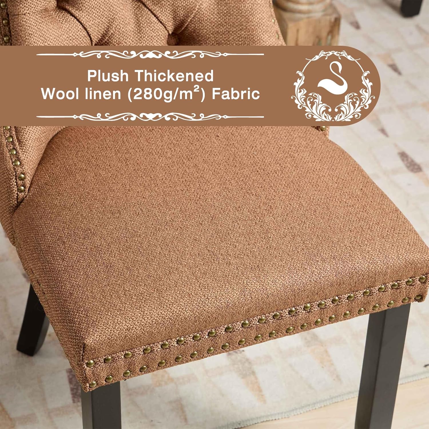 Linen Upholstered Dining Chairs Set of 6, Modern Style Kitchen Side Chairs with Nailhead Trim and Wood Leg, Metal Pulling Ring for Dining Room Living Room(Coffee,Set of 6)