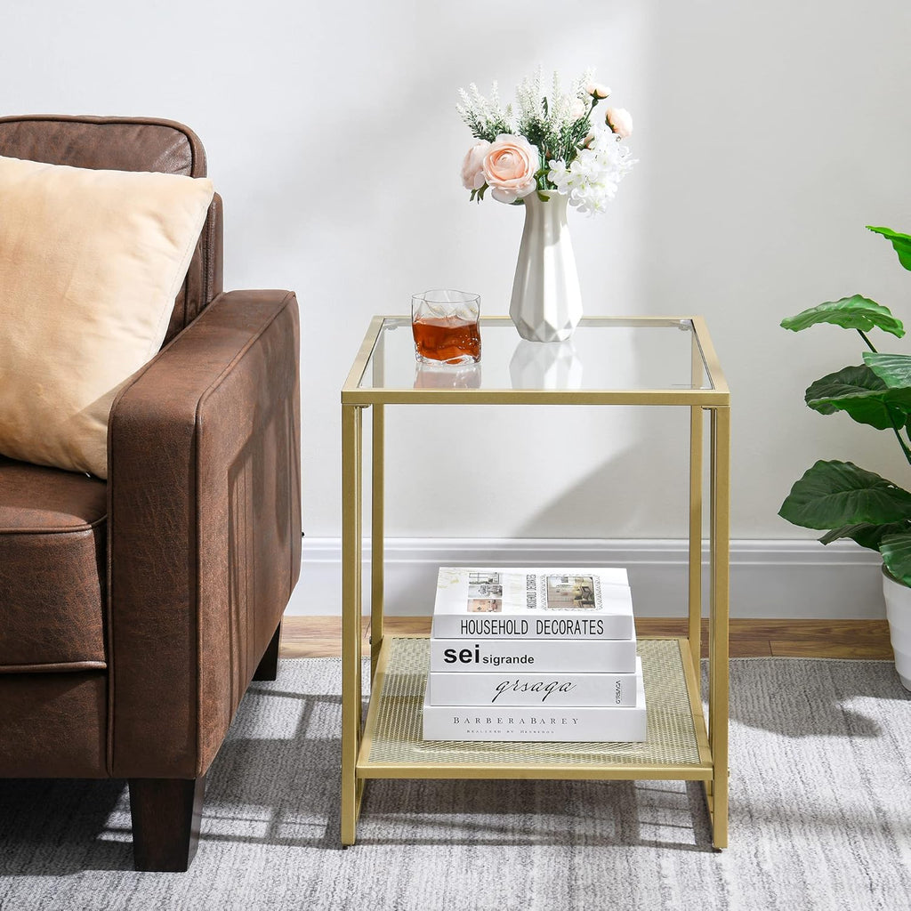 18 Inch Square Tempered Glass Gold End Table with 2-Tier Storage Shelf, Modern Gold Metal Frame Sofa Side Table Clear Glass Accent Table for Living Room Bedroom Small Spaces