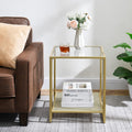 18 Inch Square Tempered Glass Gold End Table with 2-Tier Storage Shelf, Modern Gold Metal Frame Sofa Side Table Clear Glass Accent Table for Living Room Bedroom Small Spaces