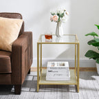 18 Inch Square Tempered Glass Gold End Table with 2-Tier Storage Shelf, Modern Gold Metal Frame Sofa Side Table Clear Glass Accent Table for Living Room Bedroom Small Spaces
