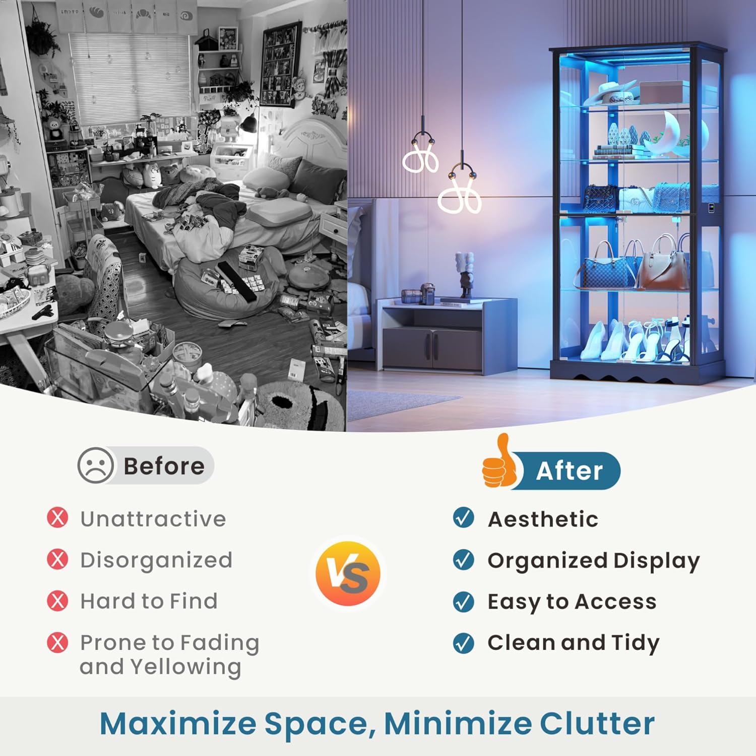Dystler 71'' Glass Display Cabinet with Doors, RGB Curio Cabinet with LED Lights for Collectibles, Display Case with Adjustable Shelf, Black