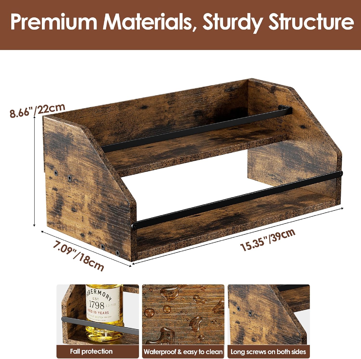 Nuovoware Liquor Bottle Display Shelf, Coffee Syrup Organizer, 2 Step Countertop Liquor Wine Rack, Home Retro Shelf Stand for Mini Bar, Cabinet, Bar Essentials for Whiskey, Spirits, Dark Wood