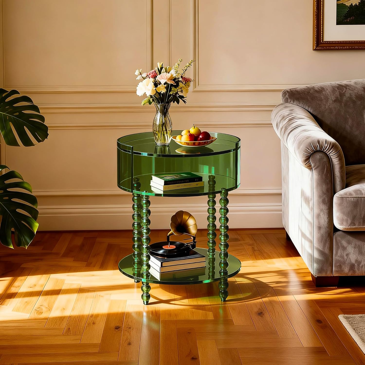 Modern Acrylic Round Side Table, End Table for Living Room, Clear Nightstand for Bedroom, Lobby and Office, Easy Assembly (Green, Nomal)