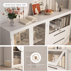Easyego 63‘’Storage Cabinet,Sideboard Buffet Cabinet with Glass Doors and Drawers,Modern Wood Coffee Bar for Kitchen, Living Room,Dining Room，Entryway (White)