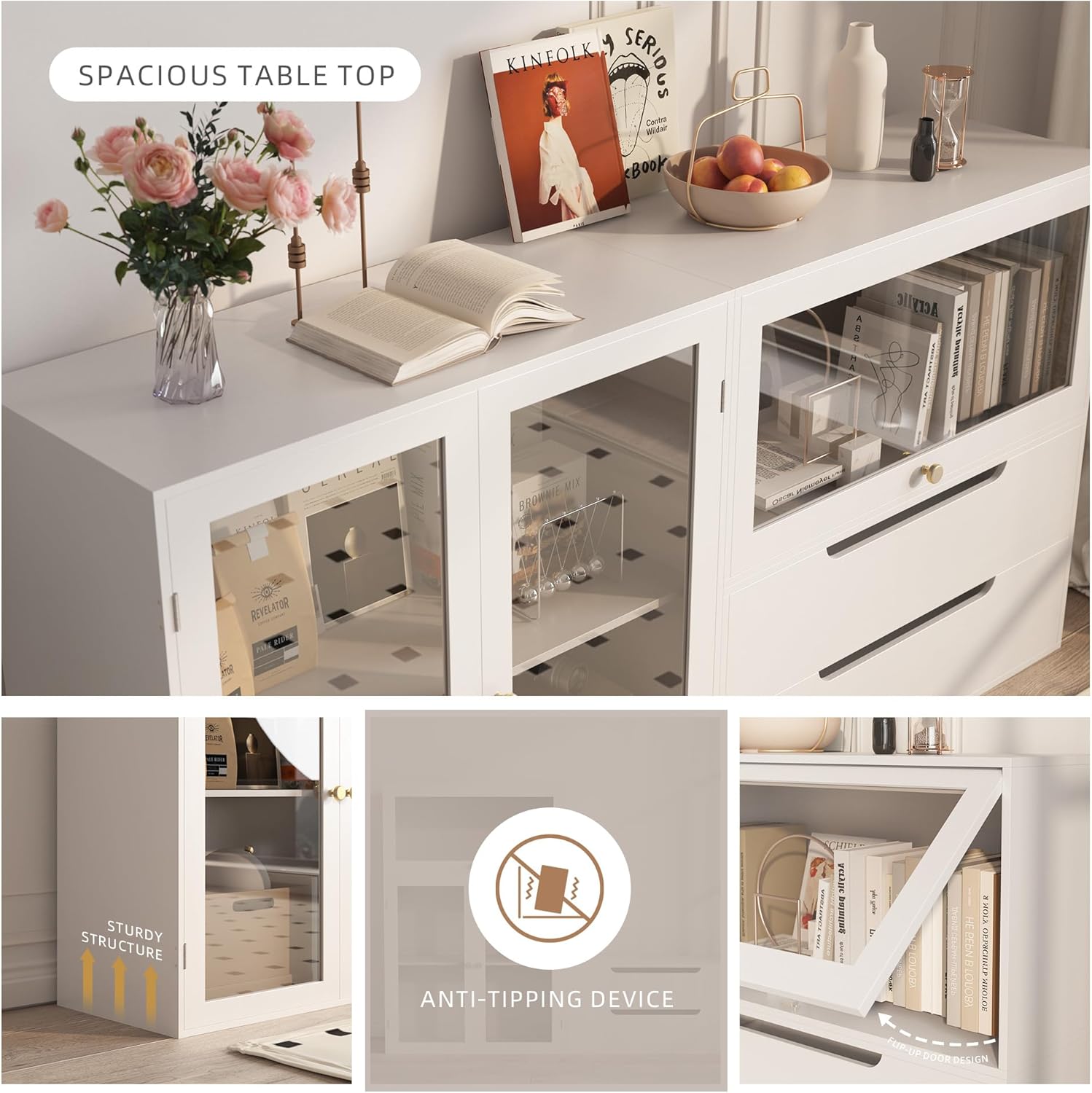 Easyego 63‘’Storage Cabinet,Sideboard Buffet Cabinet with Glass Doors and Drawers,Modern Wood Coffee Bar for Kitchen, Living Room,Dining Room，Entryway (White)