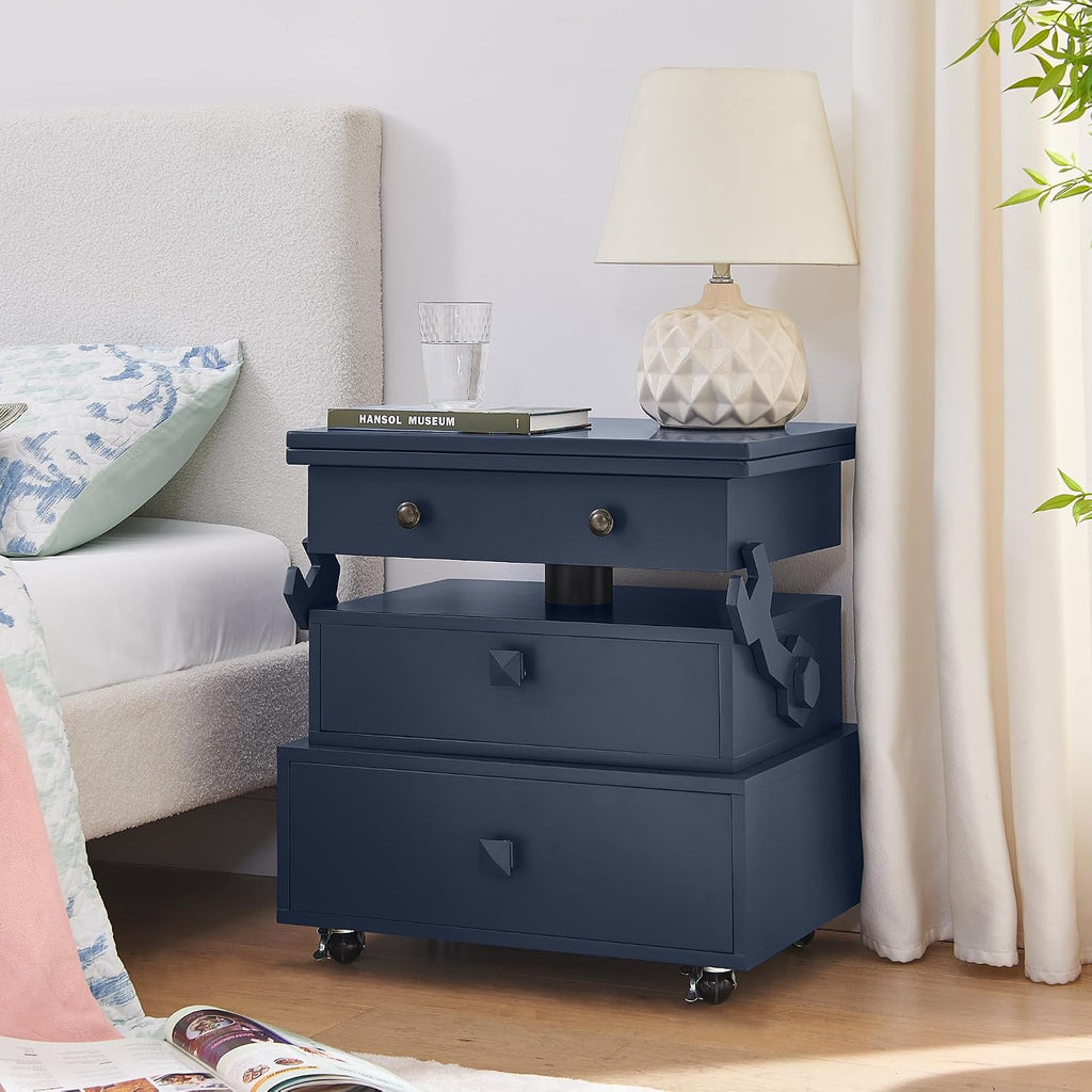 Virubi Adjustable Height Flip-Top Side Table with 2 Drawers & Charging Station, Lockable Wheels for Home Office, Living Room, Bedroom, Small Space, Multi-Functional Design, Blue