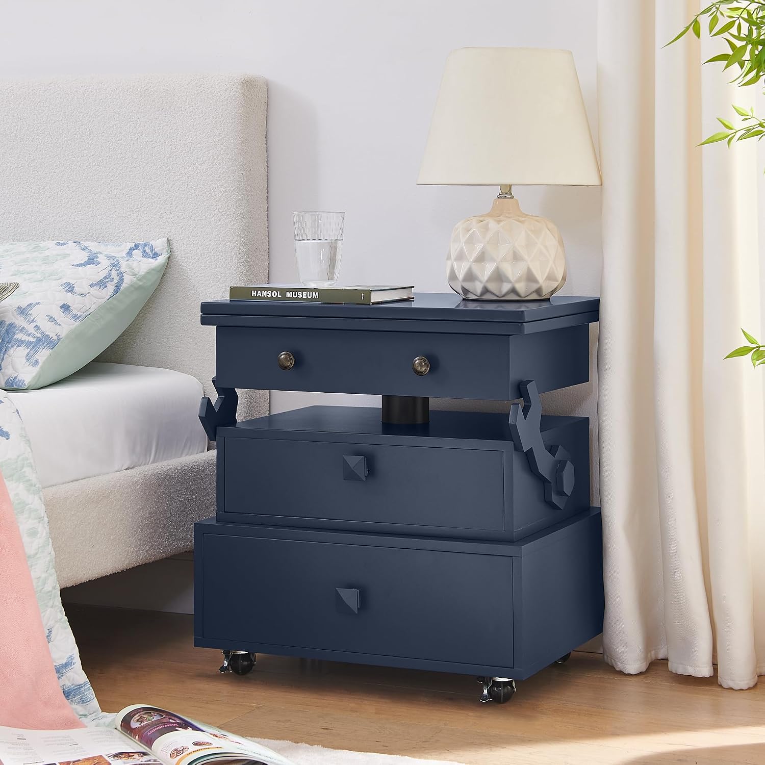 High Gloss Rolling Lift Top End Table with Charging Station, Height Adjustable Mobile Side Table with Storage Drawer and Lockable Wheels, Space-Saving Nightstand for Living Room Bedroom, Blue