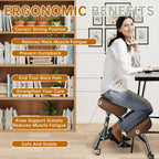 PU Leather Ergonomic Kneeling Chair, Adjustable Home and Office Stool with Thick Pads and Flexible Lockable Brake Wheels for Back Pain Relief（Coffee Brown）