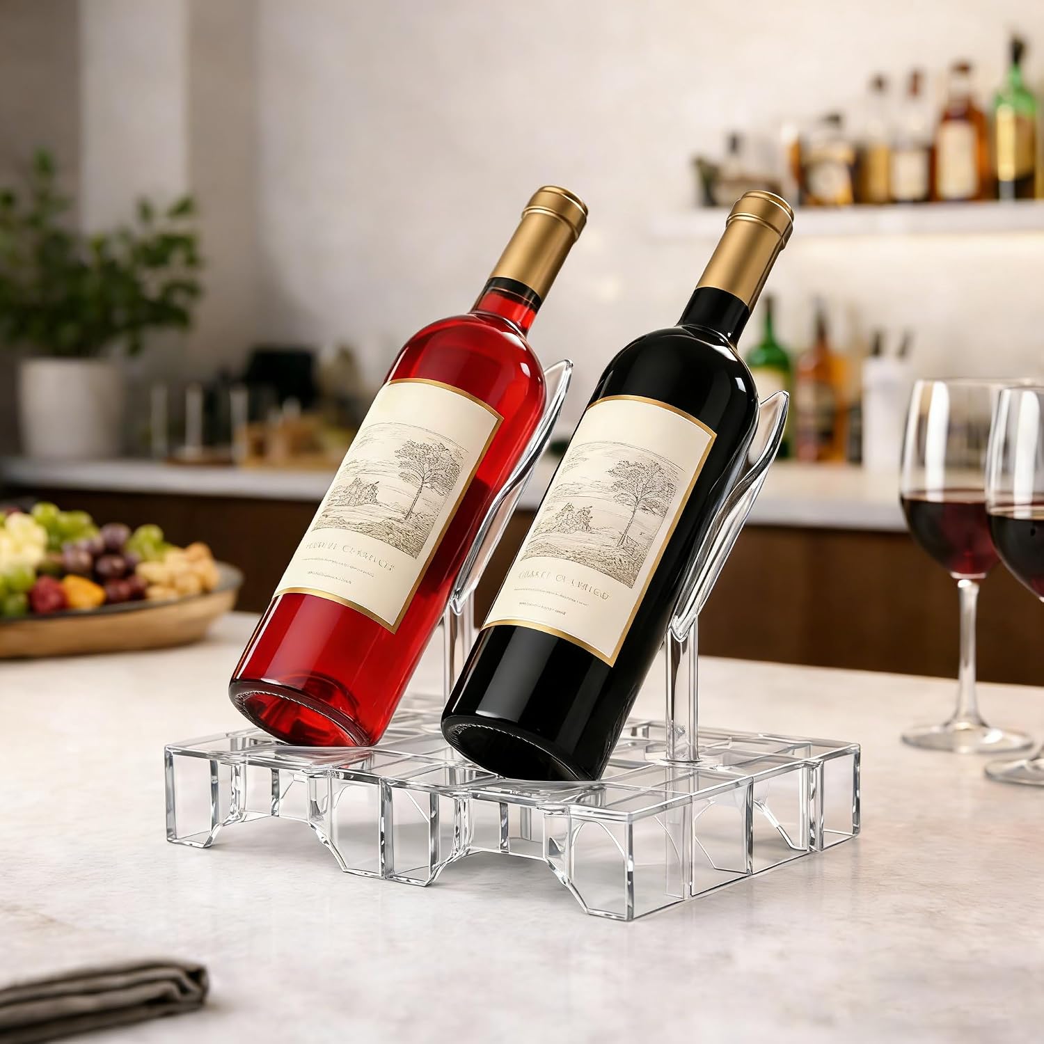 Clear Acrylic Wine Rack, Modular Stackable Countertop Wine Bottle Holder with Leaf Shaped Support, Multi Purpose Versatile Wine Display Stand for Home Bar Party Daily Organizing (2pcs)