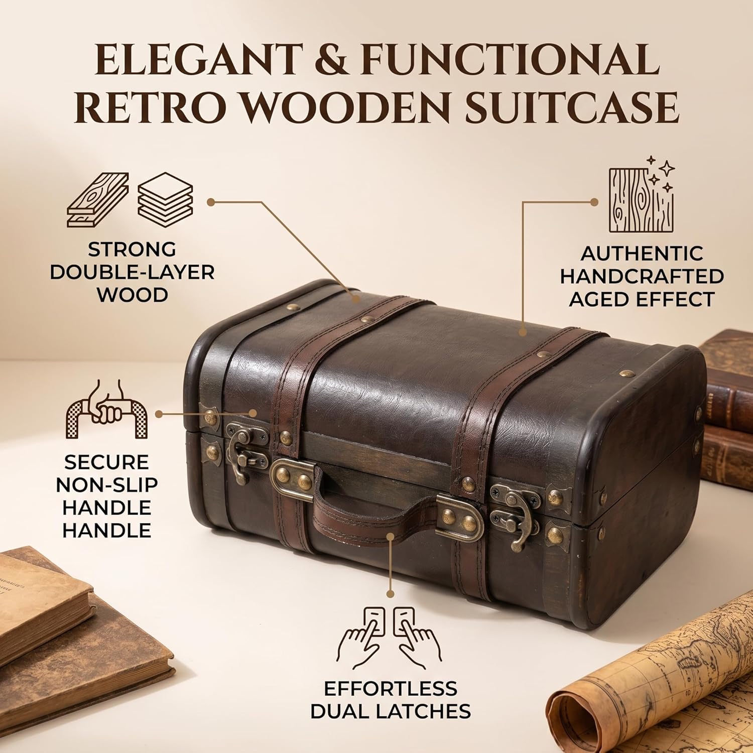 LiebeWH Vintage Wooden Storage Chest Retro Suitcase Decorative Trunk for Home Decor Photography Props Travel with Handle