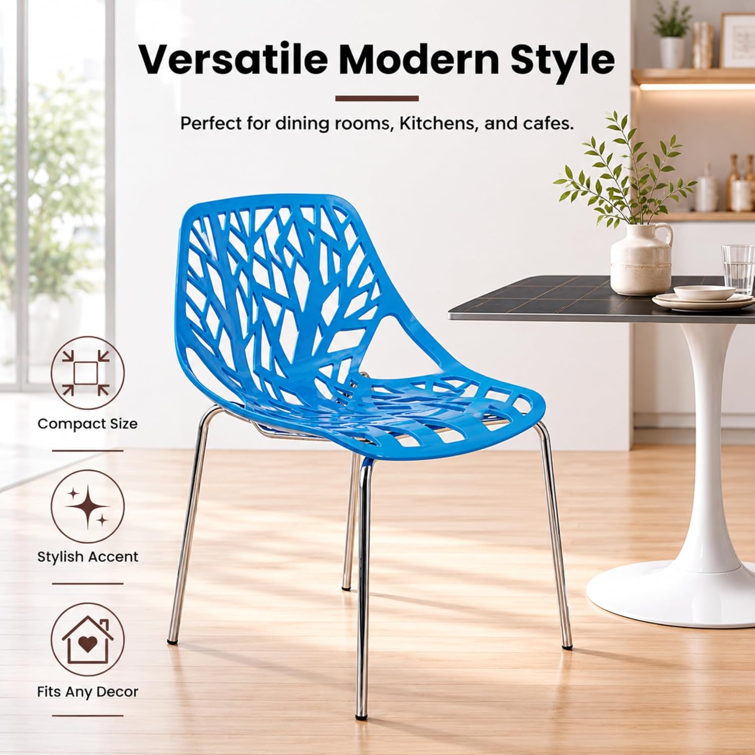 LeisureMod Asbury Modern Dining Chair Blue Color, Polypropylene Seat with Chrome Legs, Comfortable Solid Back Kitchen and Dining Room Chairs, Affordable Contemporary Seating