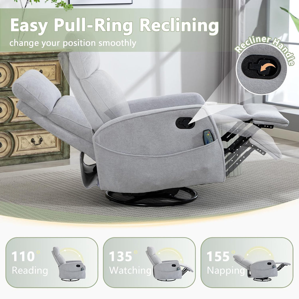 Heated Massage Swivel Rocker Recliner Chair for Nursery - Small Space Reclining Chair with Lumbar Support, 360° Swivel & Gentle Rocking, Ergonomic High Back Short Plush Light Grey