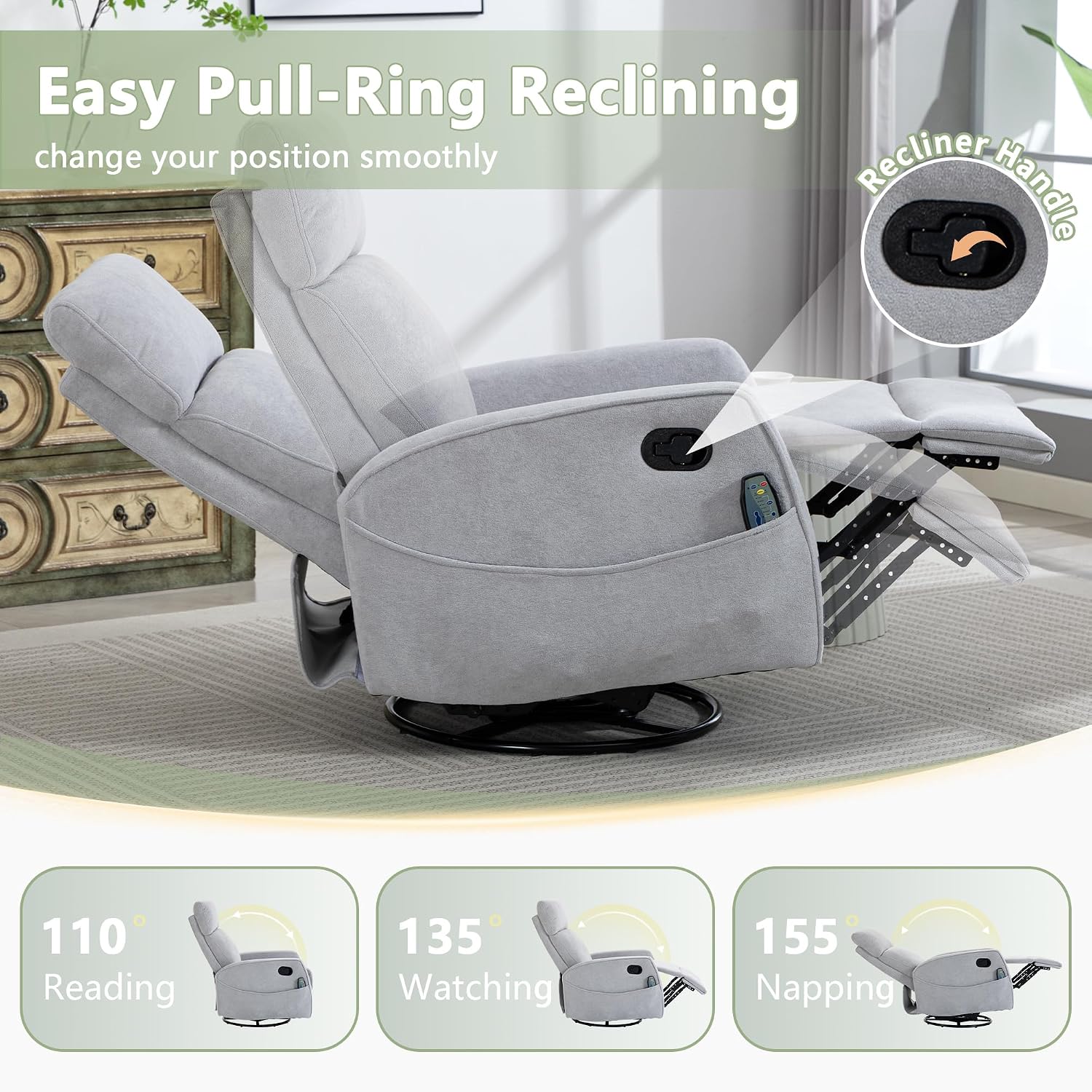 Heated Massage Swivel Rocker Recliner Chair for Nursery - Small Space Reclining Chair with Lumbar Support, 360° Swivel & Gentle Rocking, Ergonomic High Back Short Plush Light Grey