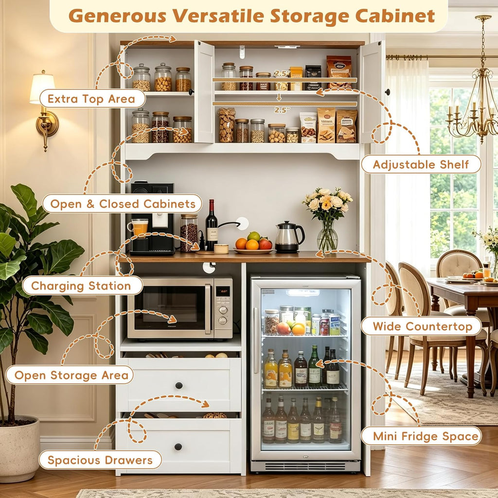 72" Kitchen Pantry Storage Cabinet with Fridge Space, Mini Fridge Cabinet with Charging Station, Large Pantry Cabinet with Drawers, Doors & Shelves, Kitchen Hutch with Microwave Stand, White