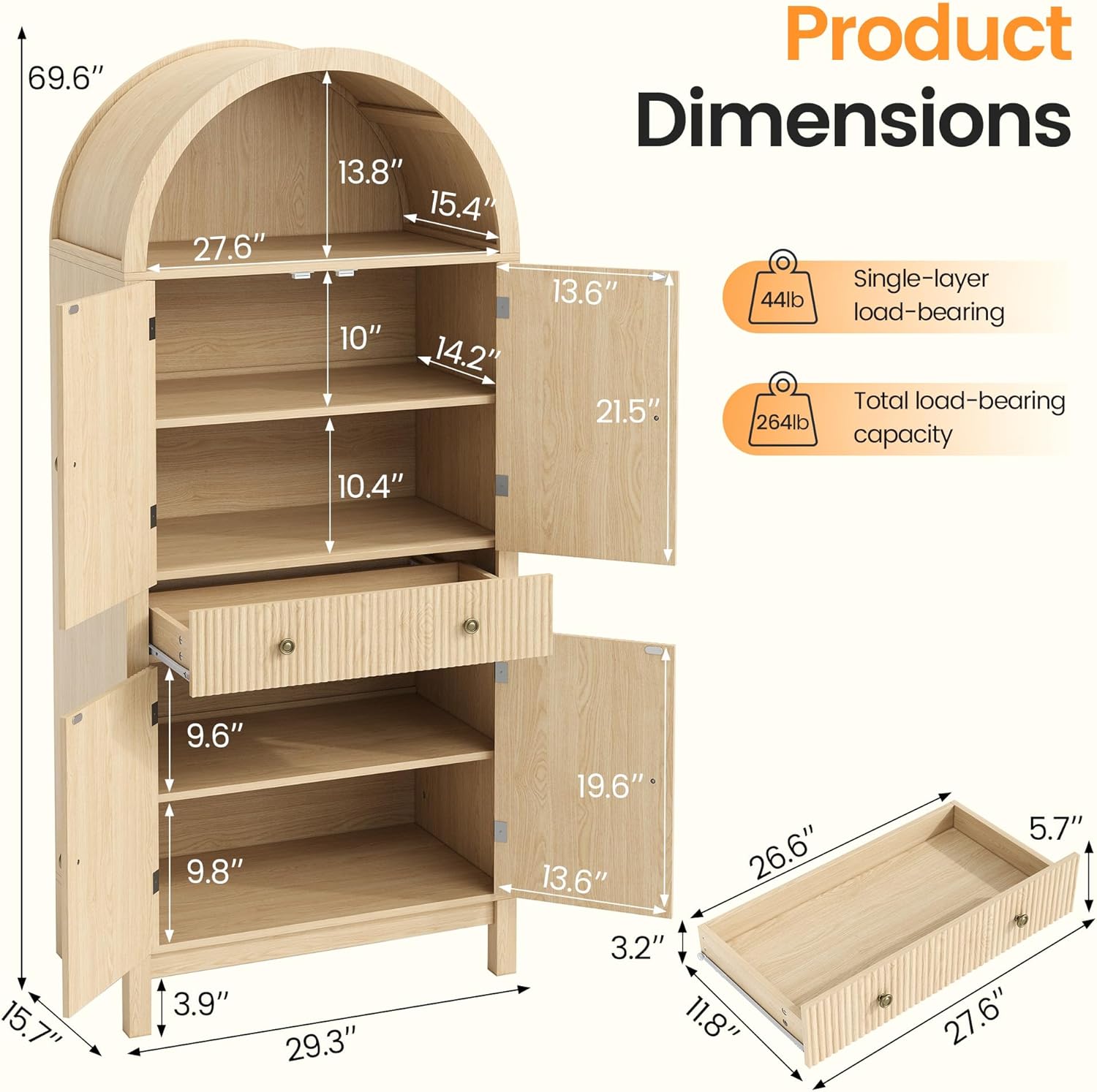 Apicizon 70" Tall Arched Kitchen Pantry Cabinet, 6-Tier Modern Fluted Wood Storage Cabinet with Doors Drawer & Adjustable Shelves, Farmhouse Cupboard Organizer for Dining Room, Bathroom, Natural