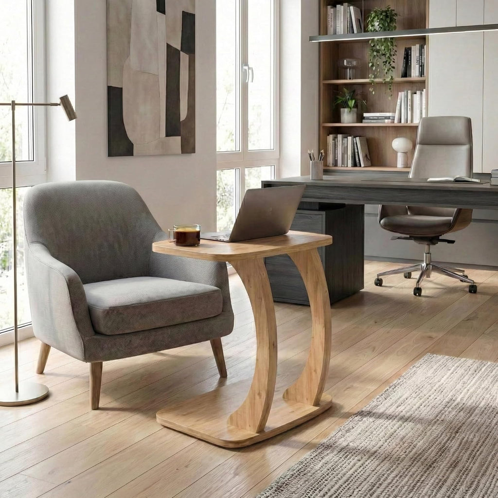 Modern C-Shaped Side Table, Curved Wood End Table for Couch, Sofa & Bed, Elegant TV Tray Table for Eating & Snacks, Space Saving Laptop Stand for Small Spaces, Unique Accent Furniture Piece